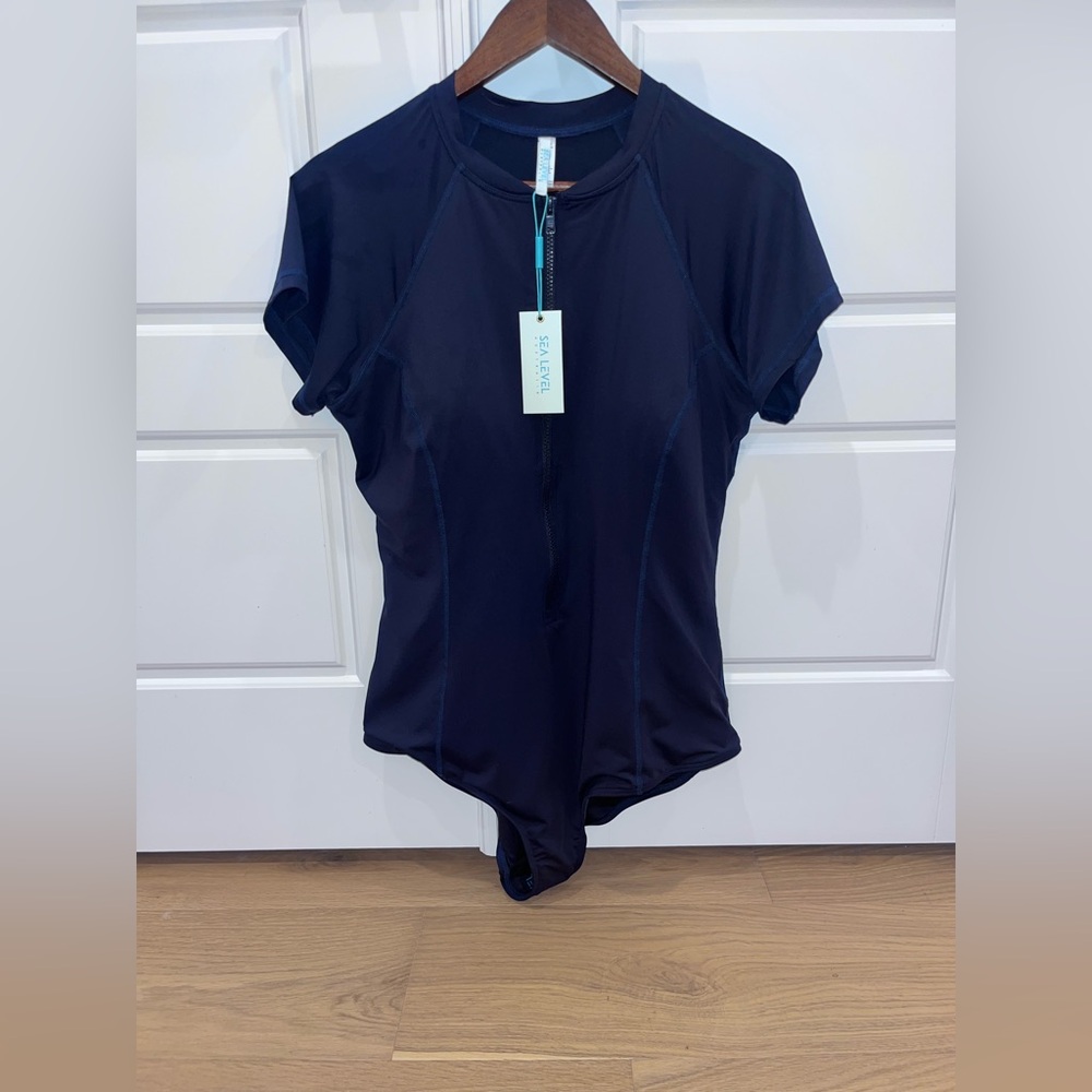 NWT Sea Level Australia Navy Blue Short Sleeve Women's Zip One Piece Swimsuit
